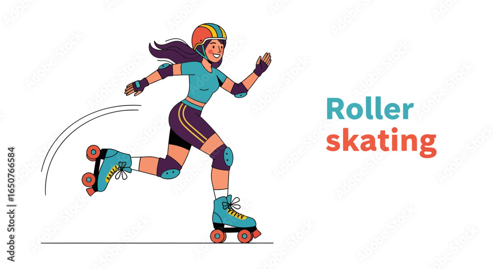 Fototapeta premium Active woman in helmet and pads roller skating fast. Isolated flat vector graphic character for sport and recreation concepts.