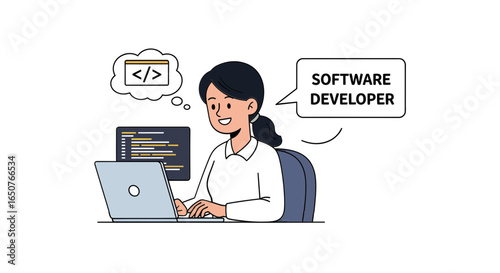 Young professional woman deeply focused on coding for software development on her laptop, embodying a modern tech career