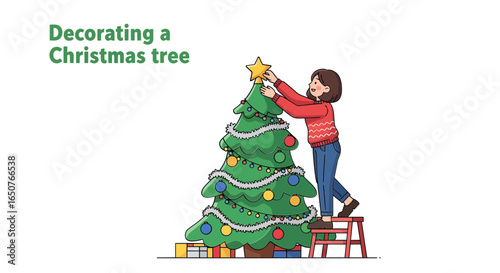 Joyful illustration of a woman adorning a vibrant Christmas tree with a star, surrounded by festive gifts, for holiday celebrations
