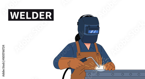 Female Welder Working on Metal with Protective Gear in Factory - Vector Illustration