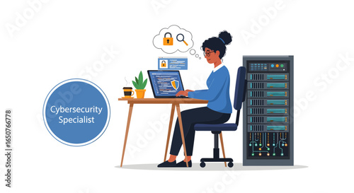 Woman programmer and system administrator managing server infrastructure for information security