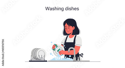 Woman washing dishes in the kitchen with soapy water