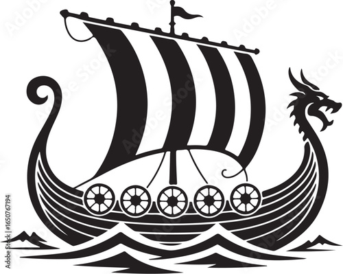 Bold Viking longship sailing with dragon head prow in black
