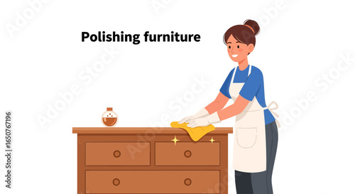 Young woman polishing a wooden dresser with a yellow cloth and polishing solution, interior cleaning