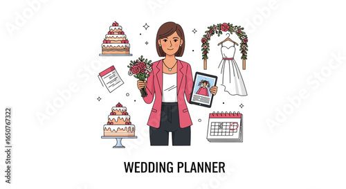 Wedding planner character illustration with event organization elements like cake, dress, and calendar. Concept of marriage ceremony preparation.