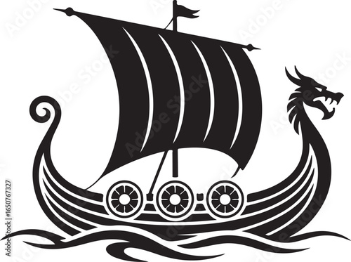 Bold viking ship sailing with dragon head in black silhouette