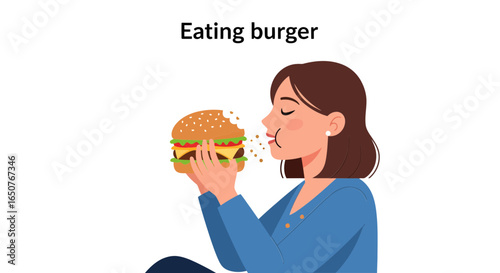 Vector illustration of a young woman with her eyes closed, happily enjoying a large and delicious hamburger