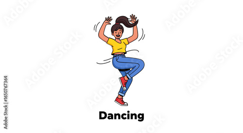 A vibrant and cheerful flat design vector illustration of a young woman dancing with happiness and energy