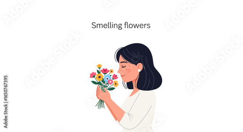 Woman smelling a bouquet of colorful flowers
