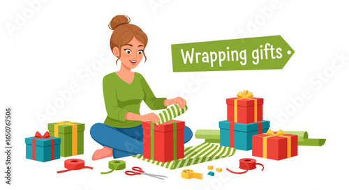 Woman Wrapping Christmas Gifts Festive Holiday Preparation