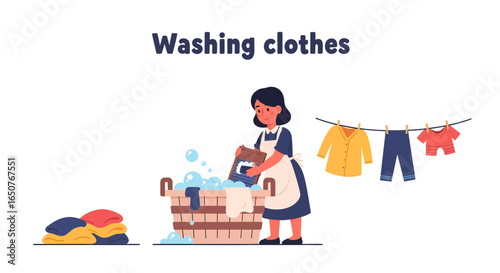 Vector illustration of a woman in an apron doing laundry by hand with a washtub and clothesline