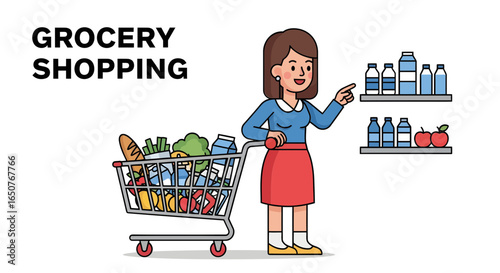 Vector illustration of a woman shopping for groceries and choosing products from a store shelf