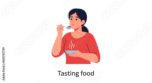 Woman eating delicious food with a spoon, enjoying a meal with steam rising