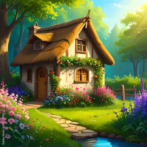 Thatched-roof cottage nestled in a vibrant, flower-filled garden beside a stream