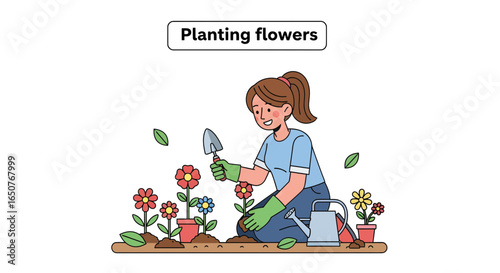 Young Woman Planting Flowers in a Garden with Watering Can and Trowel