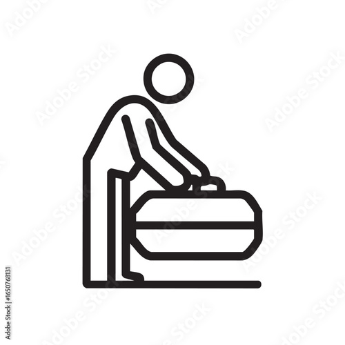 A line drawing of a person lifting a heavy suitcase.