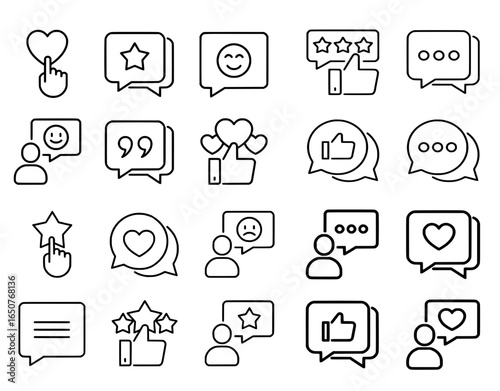 Top selling feedback icons set.  user review, rating, like, heart, star, smiley, quote, chat bubble, satisfaction and testimonial line icons set