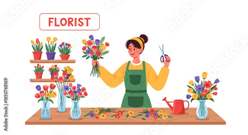 Skilled florist meticulously crafting vibrant flower bouquets, showcasing creativity and professional dedication in a welcoming flower shop environment.