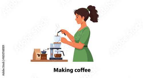 Young woman in a green dress diligently preparing fresh coffee with an espresso machine in a modern home kitchen setting, enjoying her morning ritual