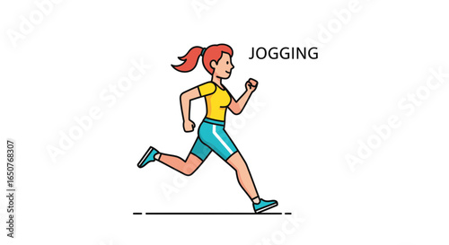 Young woman jogging in sportswear, side view. Flat line art vector illustration of a female runner character exercising for a healthy lifestyle.
