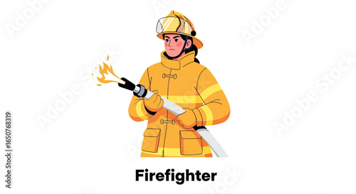 Illustration of a courageous female firefighter in full protective gear holding a fire hose with a flame