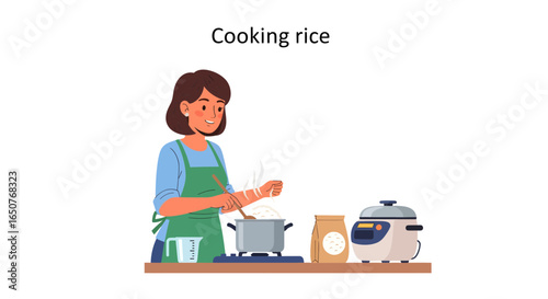 Illustration of a woman cooking rice in a pot with a rice cooker nearby