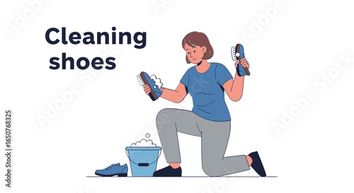 Happy young woman meticulously cleaning her shoes with a brush and foam, engaged in a household chore. Vector illustration