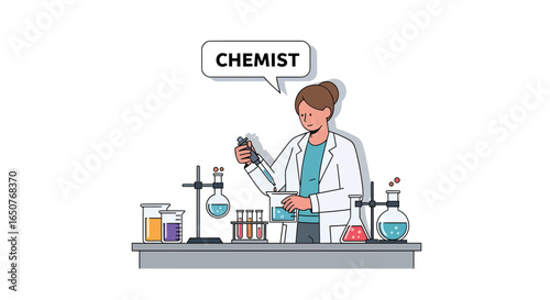 Vector illustration of a female chemist working in a scientific laboratory, conducting research and experiments with beakers and flasks.