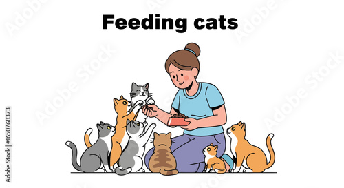 Woman feeding adorable cats with love, a heart-warming moment of animal care