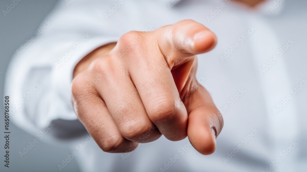 Obraz premium Pointing Hand Gesture: A closeup shot of a hand, extending a finger in a gesture of directness and focus, emphasizing engagement in this moment.