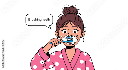 Illustration of a woman in a pink robe brushing her teeth, concept of a morning routine and daily oral hygiene