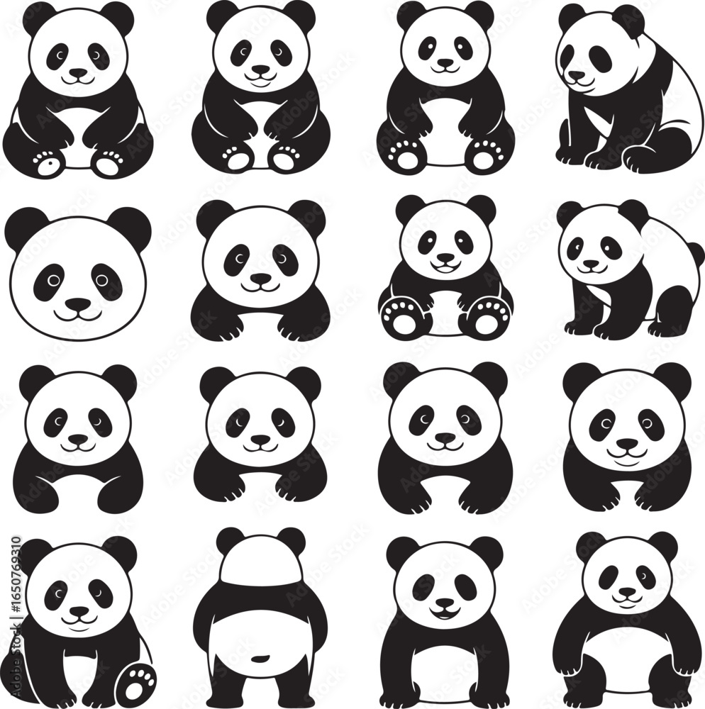 Obraz premium Panda Bundle Vector – Cute and Wild Panda Silhouette CollectionPanda Head and Full Body Vector Bundle – Cartoon and Wildlife DesignPanda Silhouette Bundle – Animal Clipart Set for Logo, Art, and D