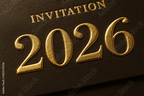 Elegant 2026 invitation with gold embossed numbers on black paper—ideal for weddings, parties, and corporate events.
