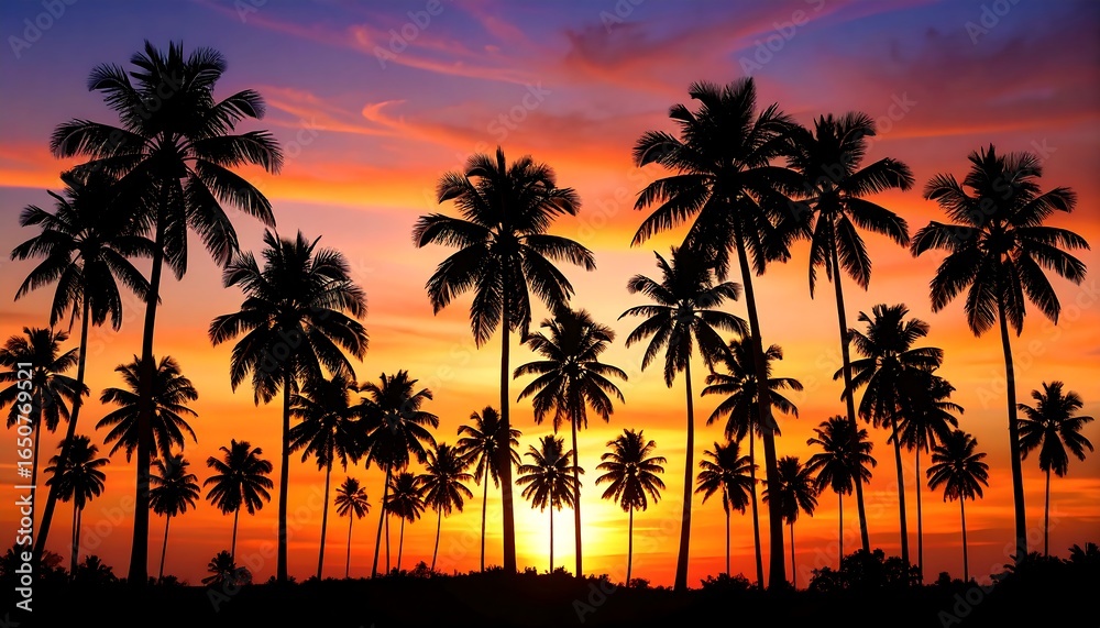Obraz premium Vibrant sunset silhouettes of numerous palm trees