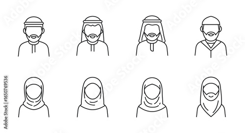Set of Middle Eastern People Icons in Traditional Clothing Style Vector Illustration