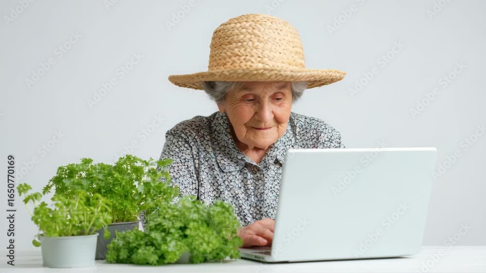 Elderly woman wearing straw hat using laptop for online gardening workshop with green potted plants white table, enjoying digital learning and nature connection indoors with focused and calm