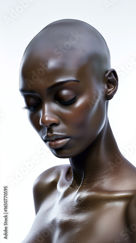 Studio portrait of dark-skinned female model on white background.