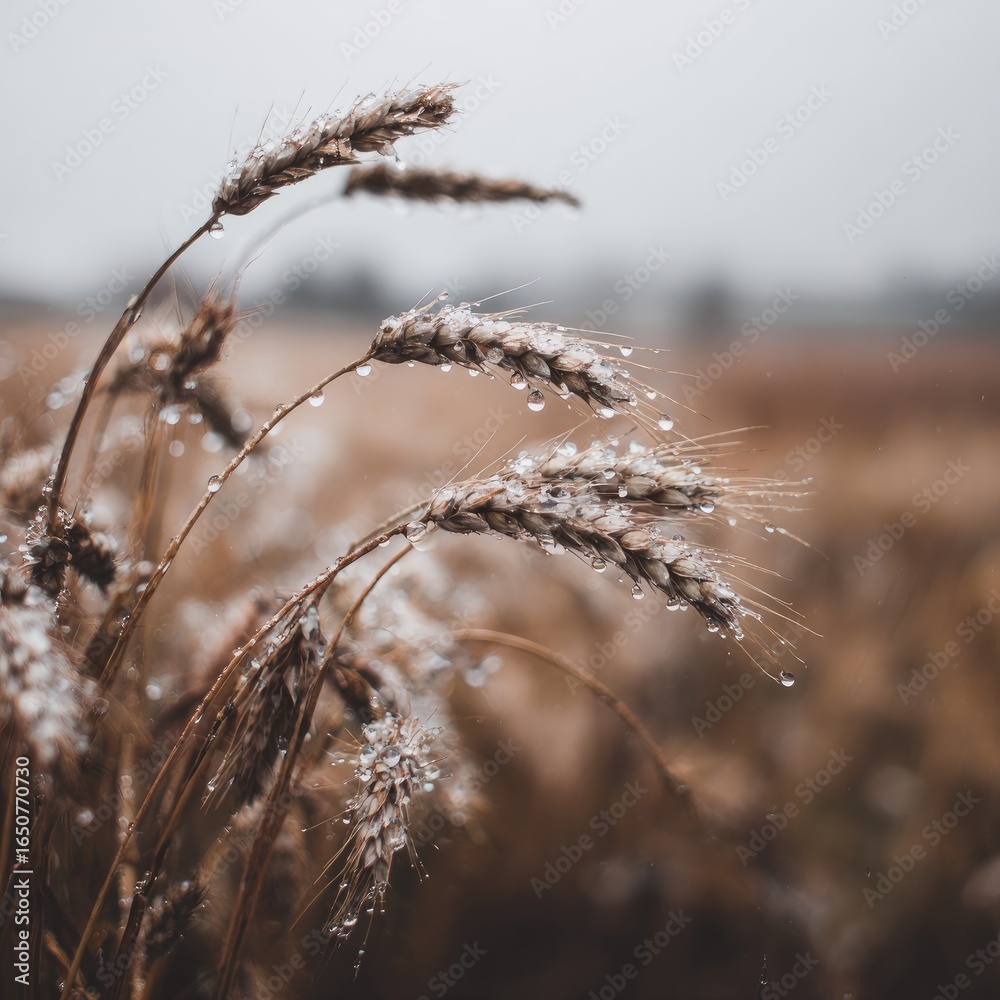 Fototapeta premium Dew-kissed wheat stalks in a field