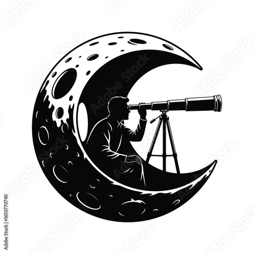 Silhouette of a man with a telescope sitting inside a crescent moon black and white vector illustration
