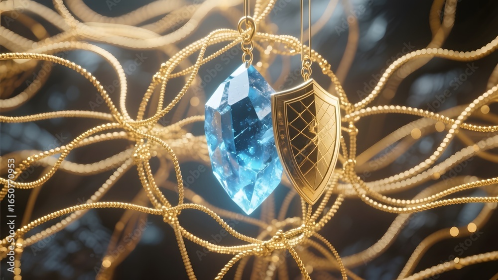 Naklejka premium Elegant Gold Ornament with Blue Crystal and Shield Pendant