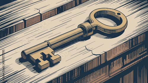 A golden key lying on a wooden surface with a cracked texture and dark shading creating depth and shadow