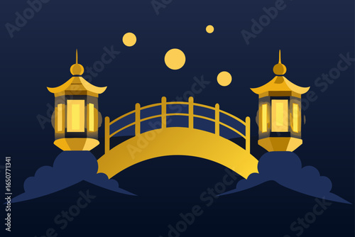 Bridge Lit by Golden Lanterns in Night Fog