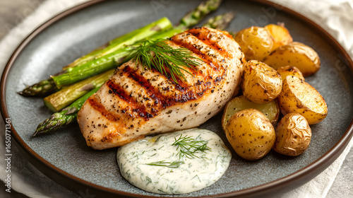 Grilled Chicken Breast with Asparagus, Potatoes, and Herb Sauce
