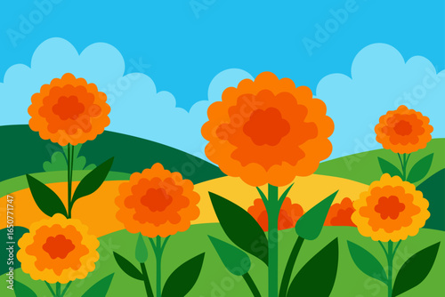 Bright Orange Marigolds in Lush Rural Field