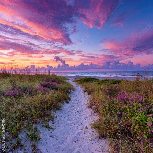 Sunrise path on a beach, vibrant colors, wildflowers