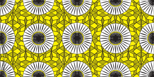 African ethnic traditional yellow pattern. seamless beautiful Kitenge, chitenge style. fashion design in white color. Geometric circle abstract motif. Circle Floral Ankara prints, African wax prints.