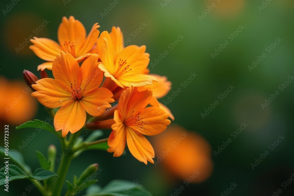 Vibrant orange flower clusters with dew-kissed petals and delicate stem details, flora, botanicals, water droplets Vibrant orange flower clusters with dew-kissed petals and delicate stem details, flora, botanicals, water droplets