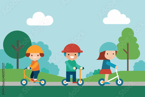 Children Riding Bikes and Scooters in a Park Path