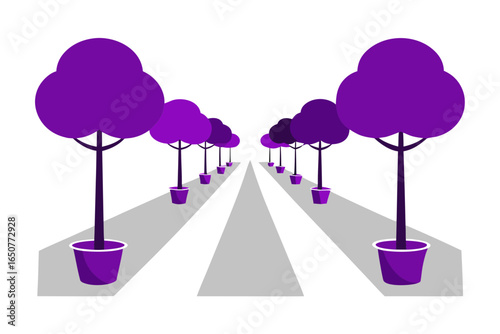 Clean Landscaped Avenue with Bright Purple Tree Crowns