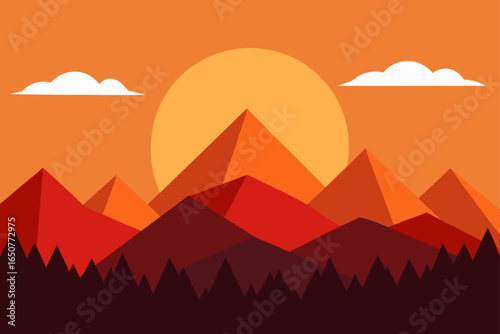 Clean Vector Mountain Landscape with Sunrise Colors